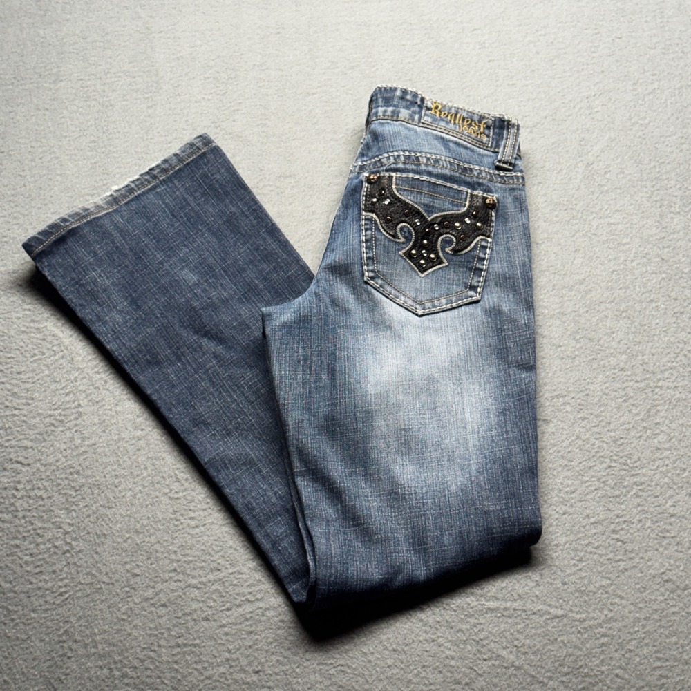 Request Jeans Bootcut Rhinestone Studded Embellished Blue Denim Size 3/26 Y2K